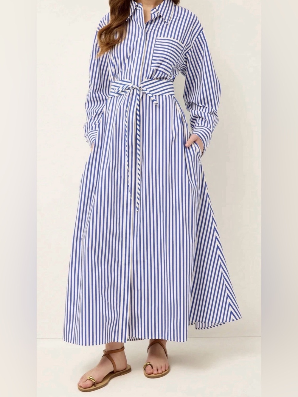 Marie Oliver NWOT QUINDRA DRESS Blue and White Stripe A-Line Maxi Shirt Dress S